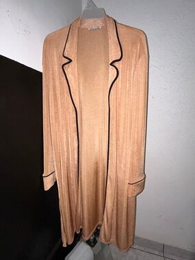 Zara Tan Long Open Robe with Black Piping